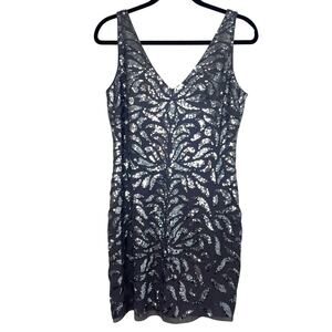 Aidan Mattox Sequined Silk V-Neck Cocktail Dress Size 6 Gray Evening Party